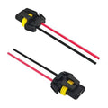 Headlight wiring pigtail connector with red and black wires, female adapter end