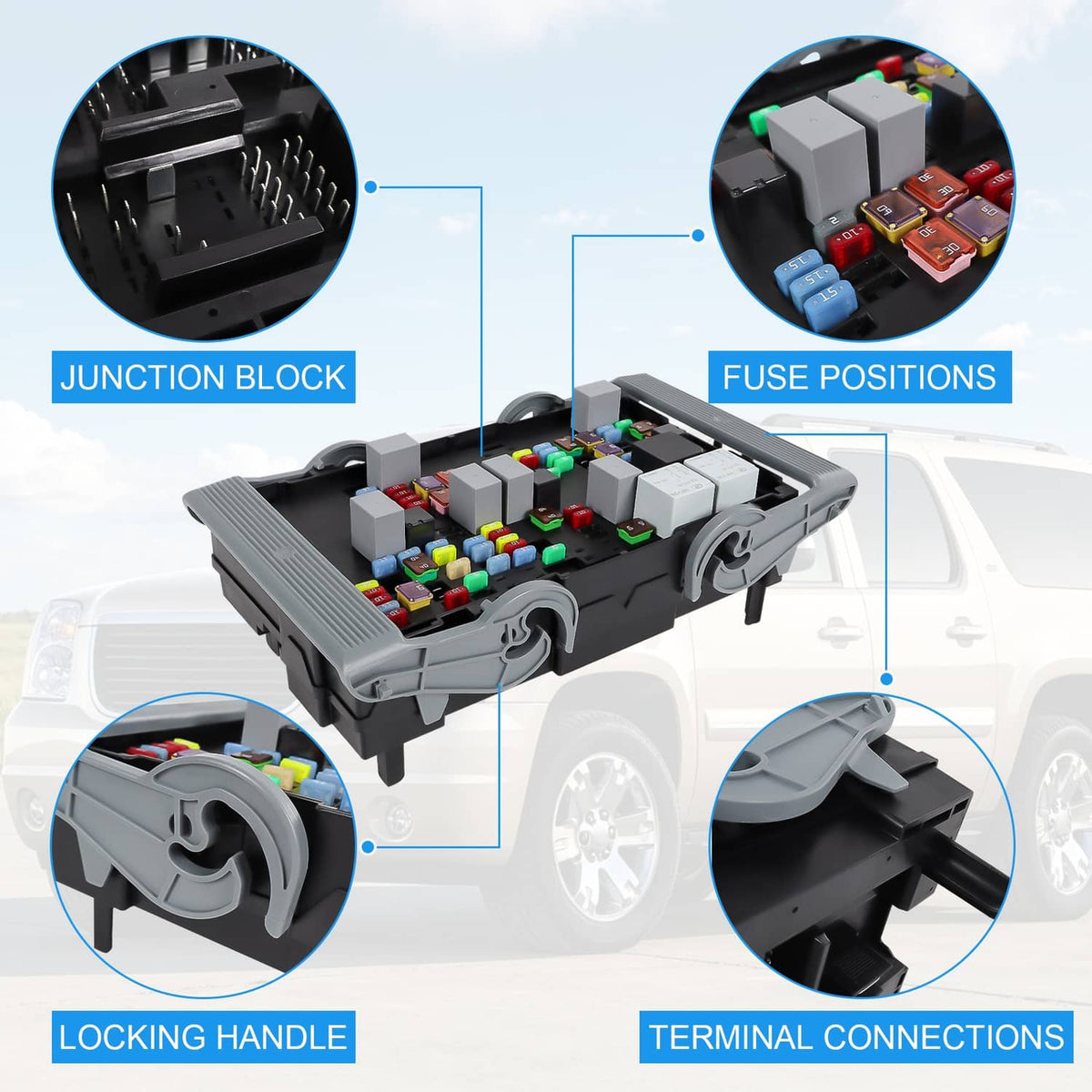 Electrical fuse relay junction block with locking handle and visible terminal connections
