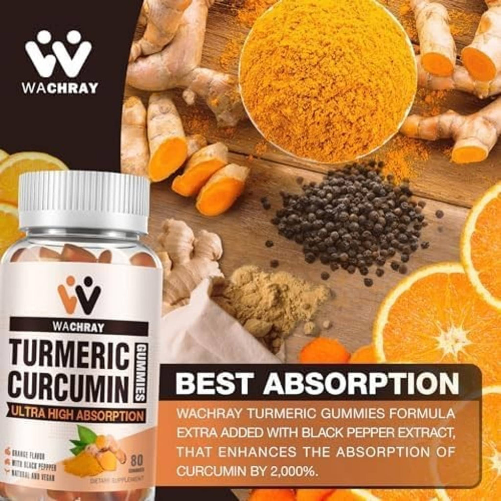Turmeric curcumin gummies bottle with turmeric powder, ginger pieces, and peppercorns
