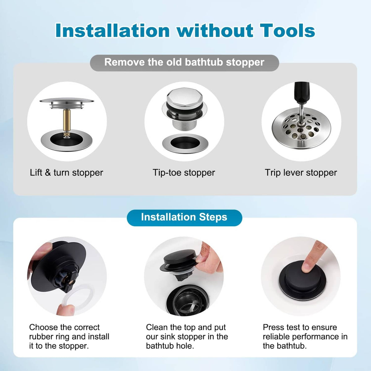 Matte black bathtub drain stopper with tool-free installation step diagrams