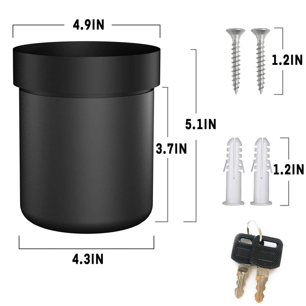 Black planter safe with front key lock, included screws, and set dimensions diagram.