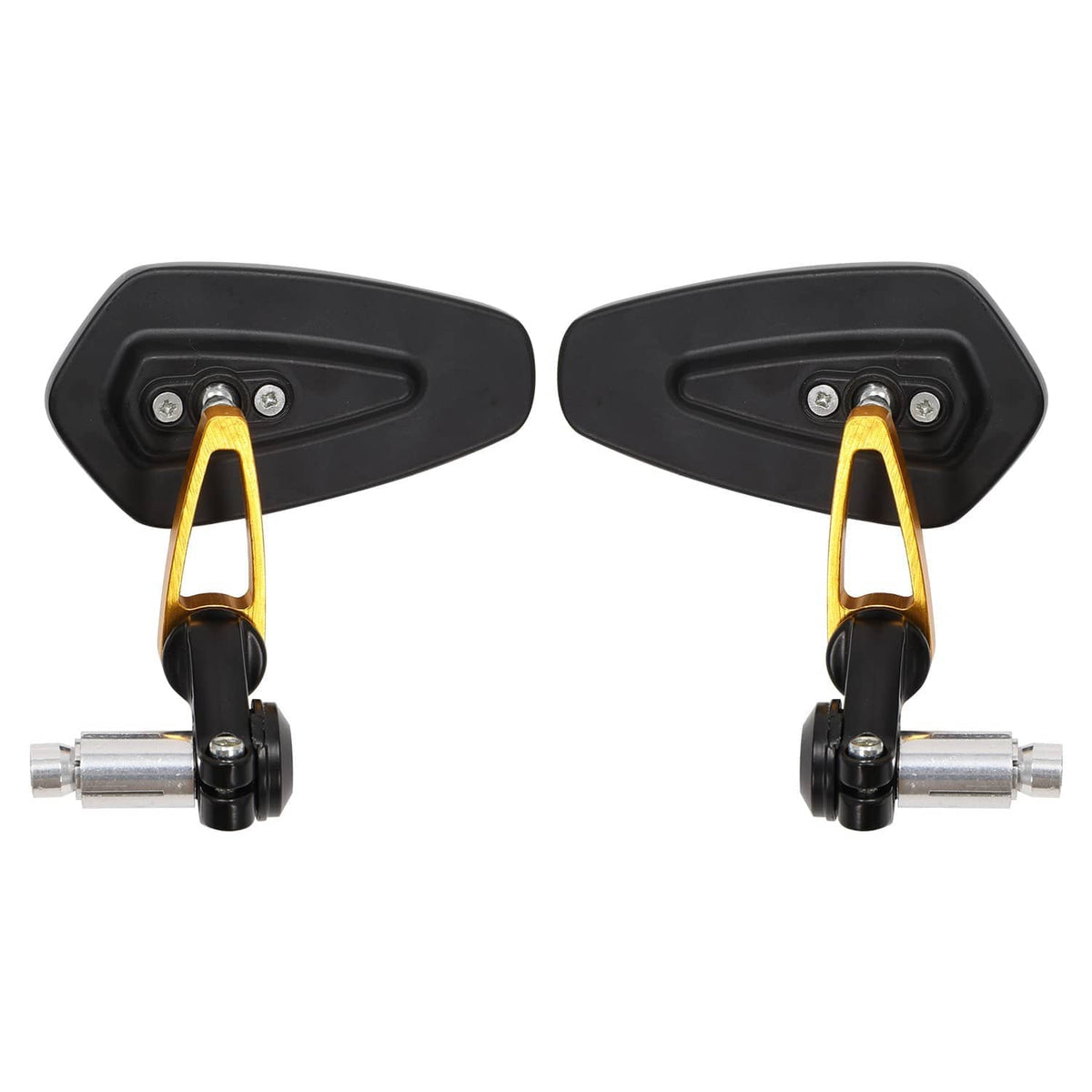 Motorcycle bar-end side mirror housings with blue-tinted glass, black bodies, gold brackets