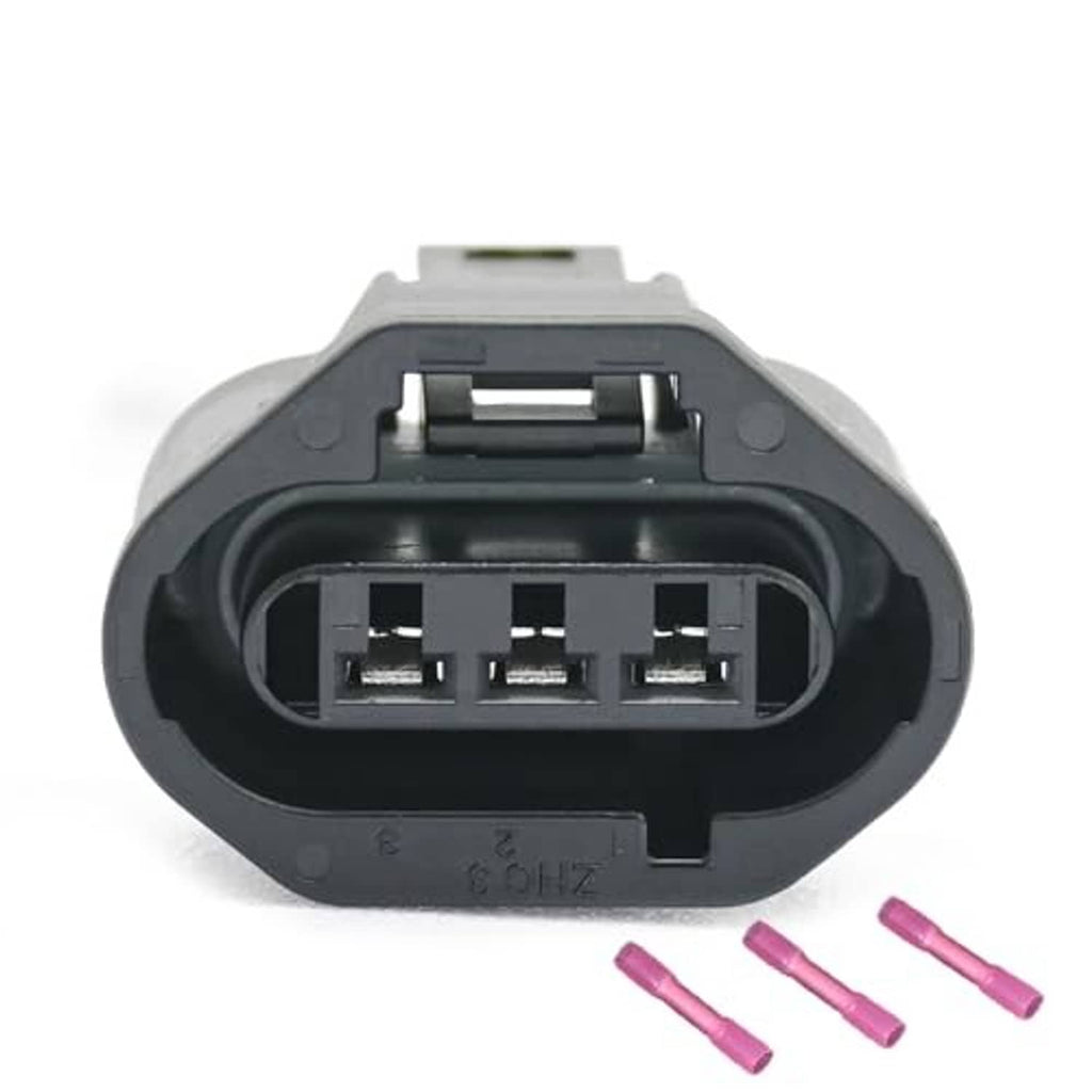 3-pin throttle sensor connector plug with gray housing, black cavity, and three pink terminals
