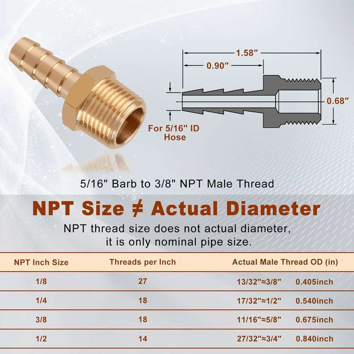 Brass hose barb fitting, 5/16 in barb to 3/8 in NPT male thread