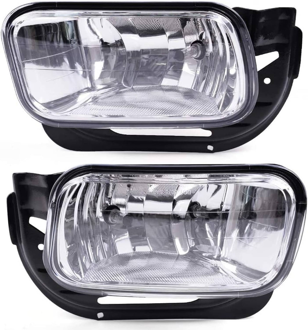 Pair of front fog lights with clear lens, chrome reflector, and black mounting bezels