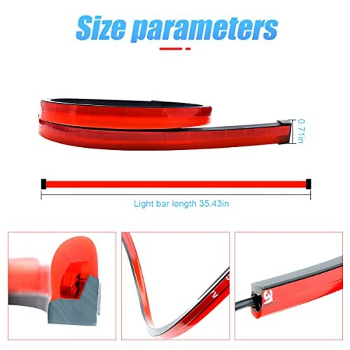 35.4 in LED brake light bar dimensions graphic, red light strip and cable