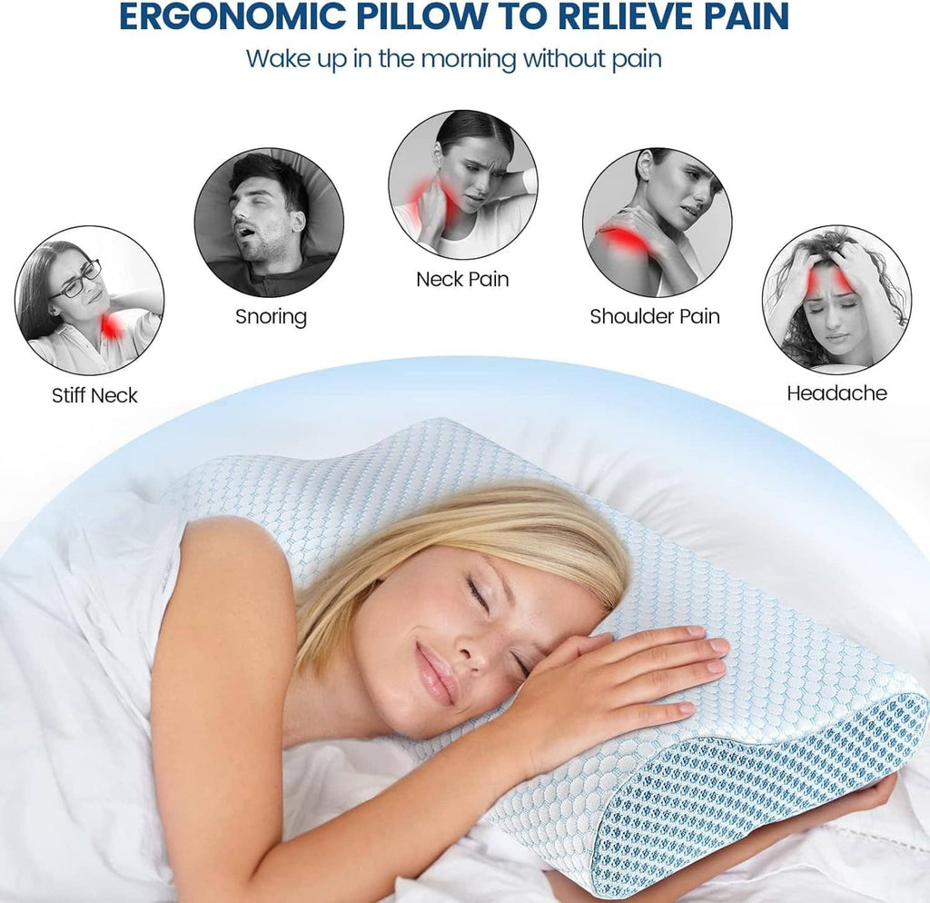 Light blue ergonomic neck support pillow with contoured cradle shape for comfortable sleep