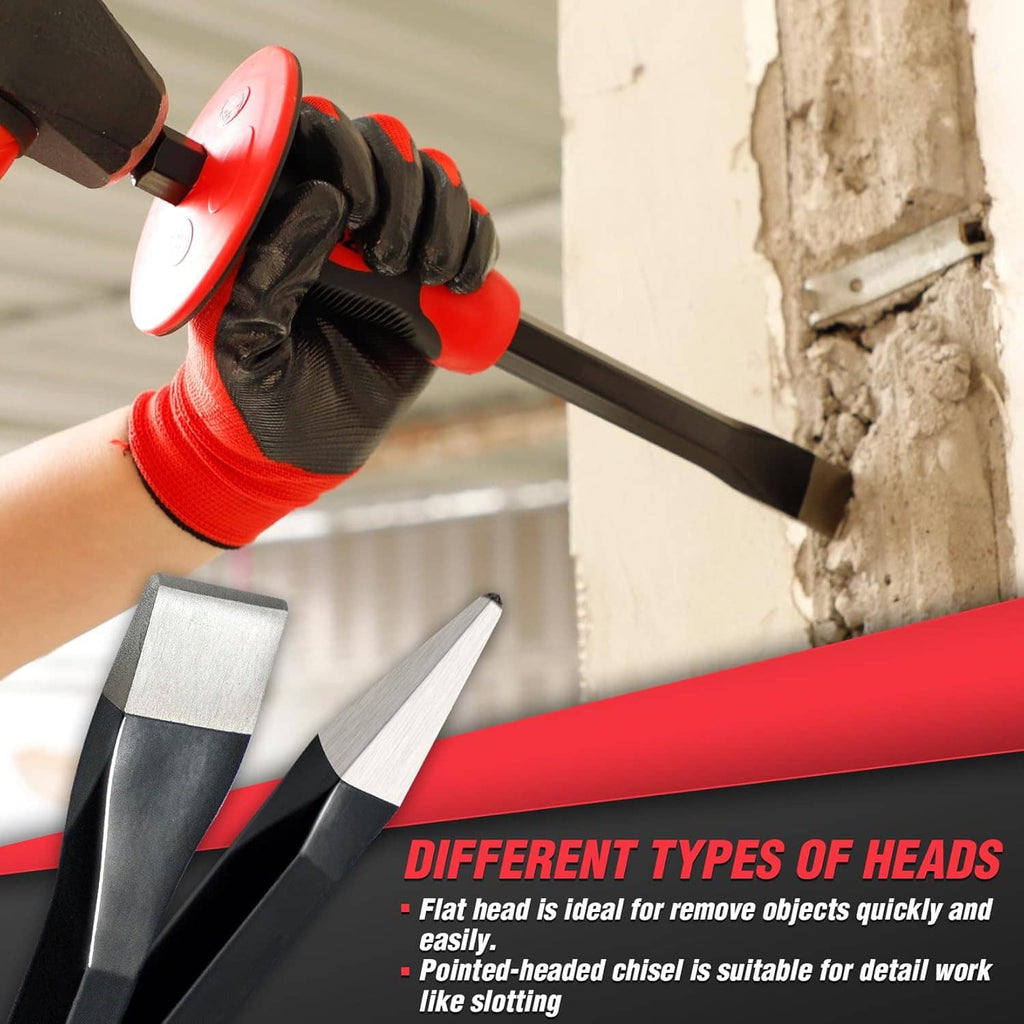 Masonry chisel used by a gloved hand with red shock-absorbing guard