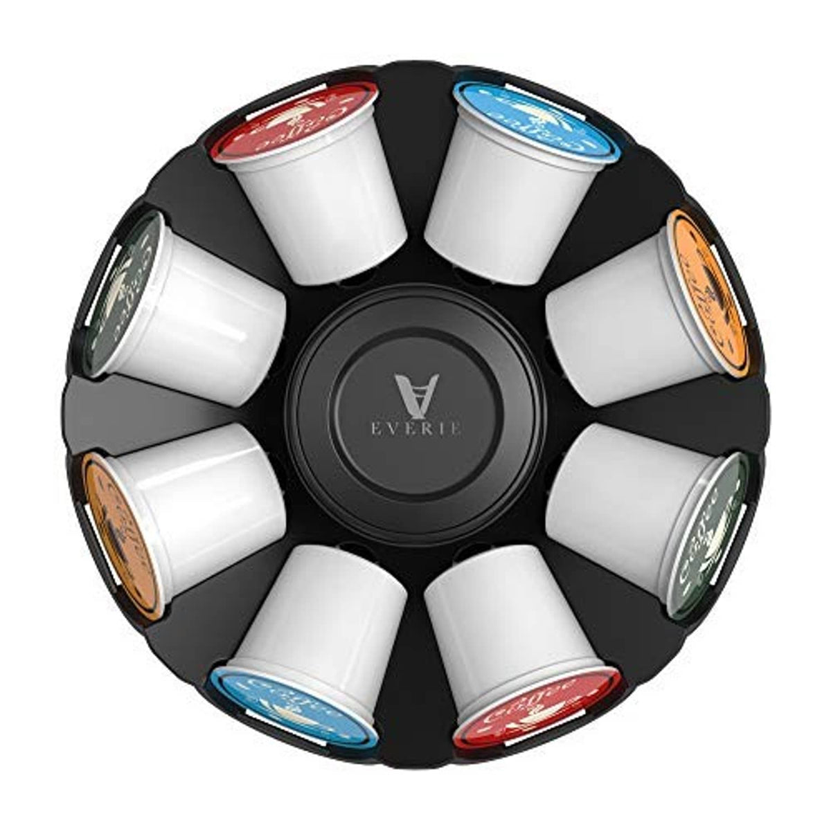 Coffee pod carousel organizer with black circular center and white pod canisters around