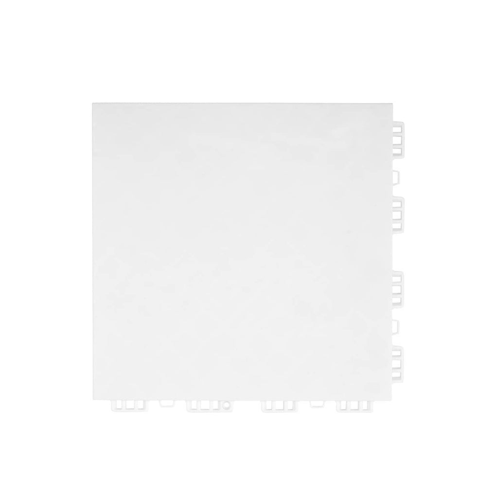 Single white interlocking exercise mat tile with raised edge connectors