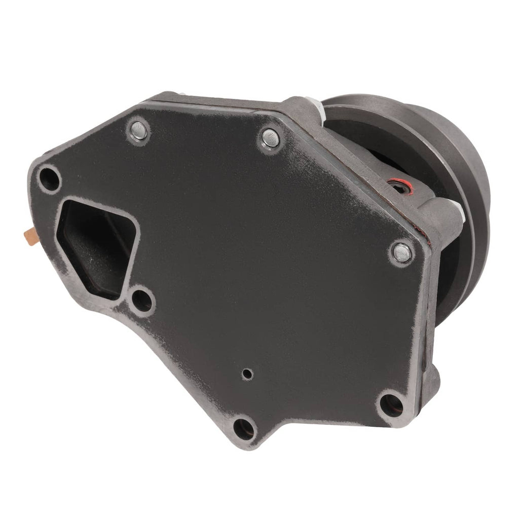 Water pump housing with pulley hub and black end plate on gray cast-metal body