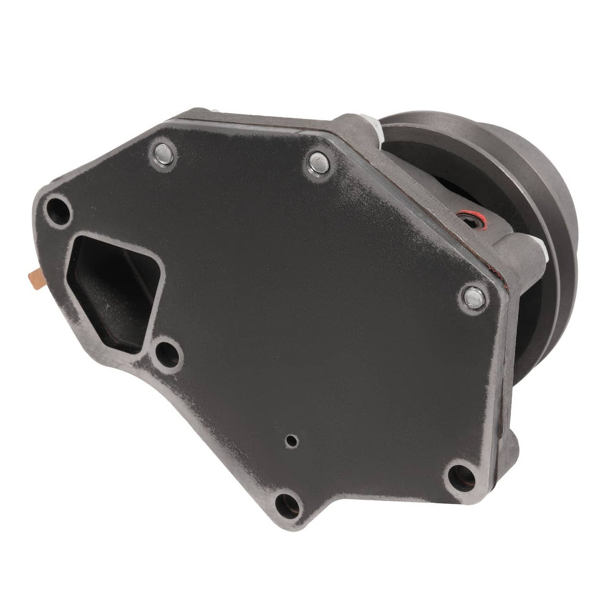 Water pump housing with pulley hub and black end plate on gray cast-metal body