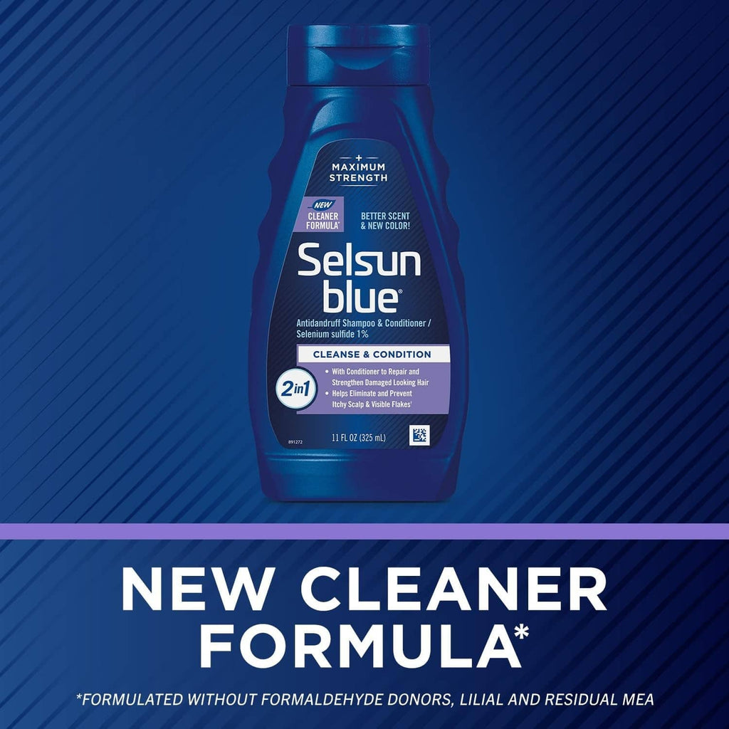 Selsun Blue 2-in-1 antidandruff shampoo bottle front view, maximum strength
