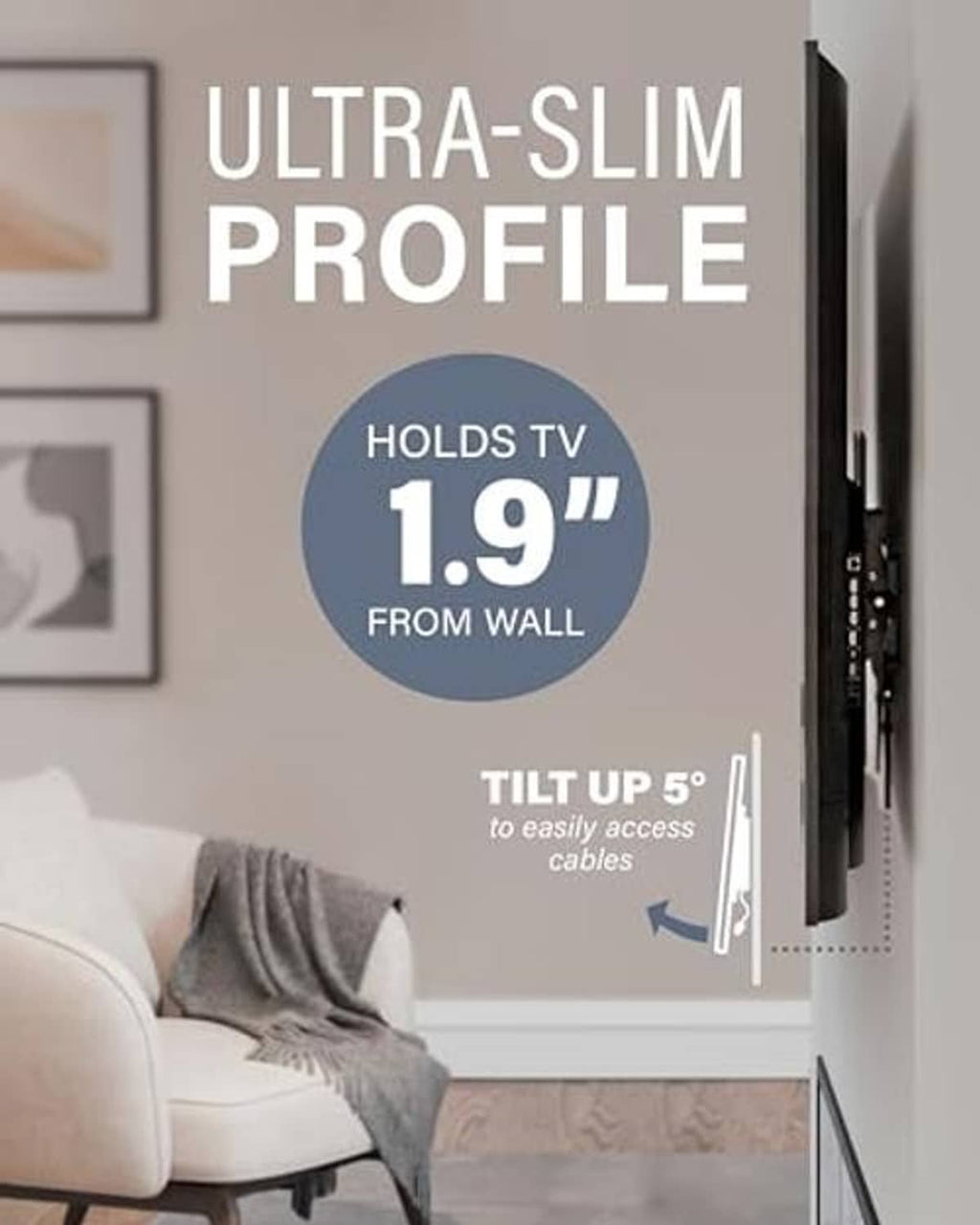 Ultra-slim black TV wall mount bracket with low-profile tilt mechanism