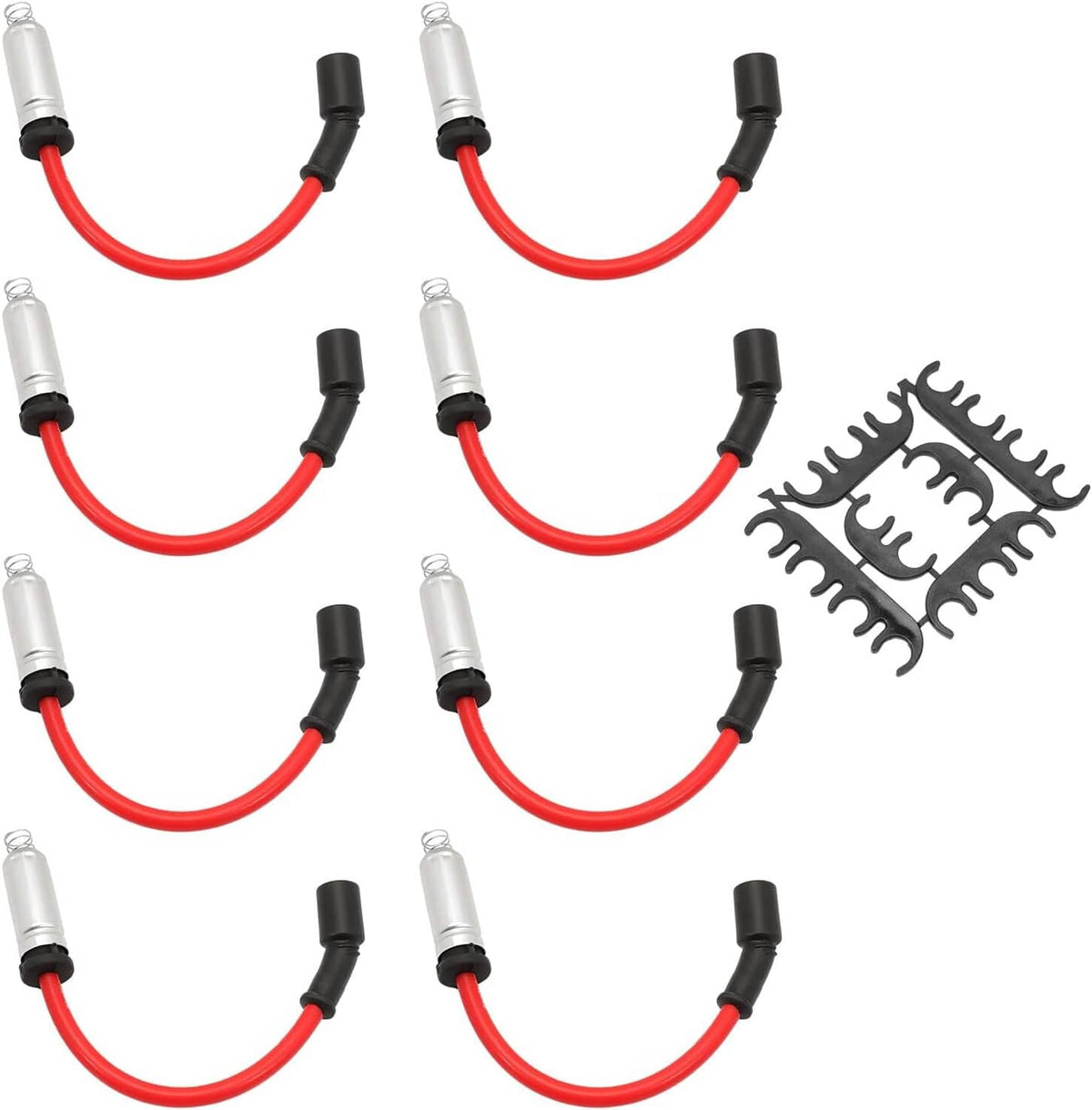Spark plug wire set with multiple red wires, silver terminals, and black boots
