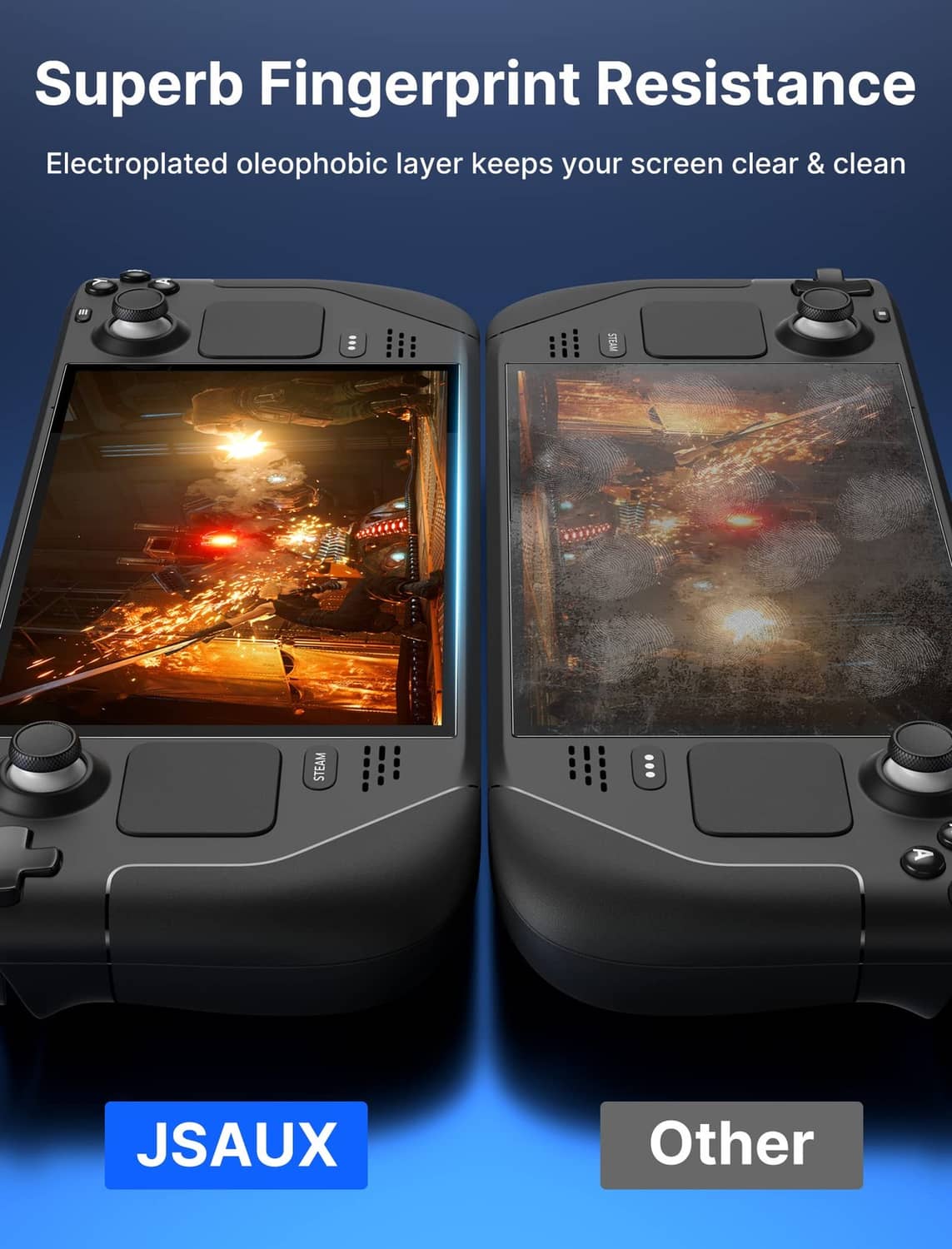 JSAUX screen protector panels showing fingerprint resistance on a handheld console