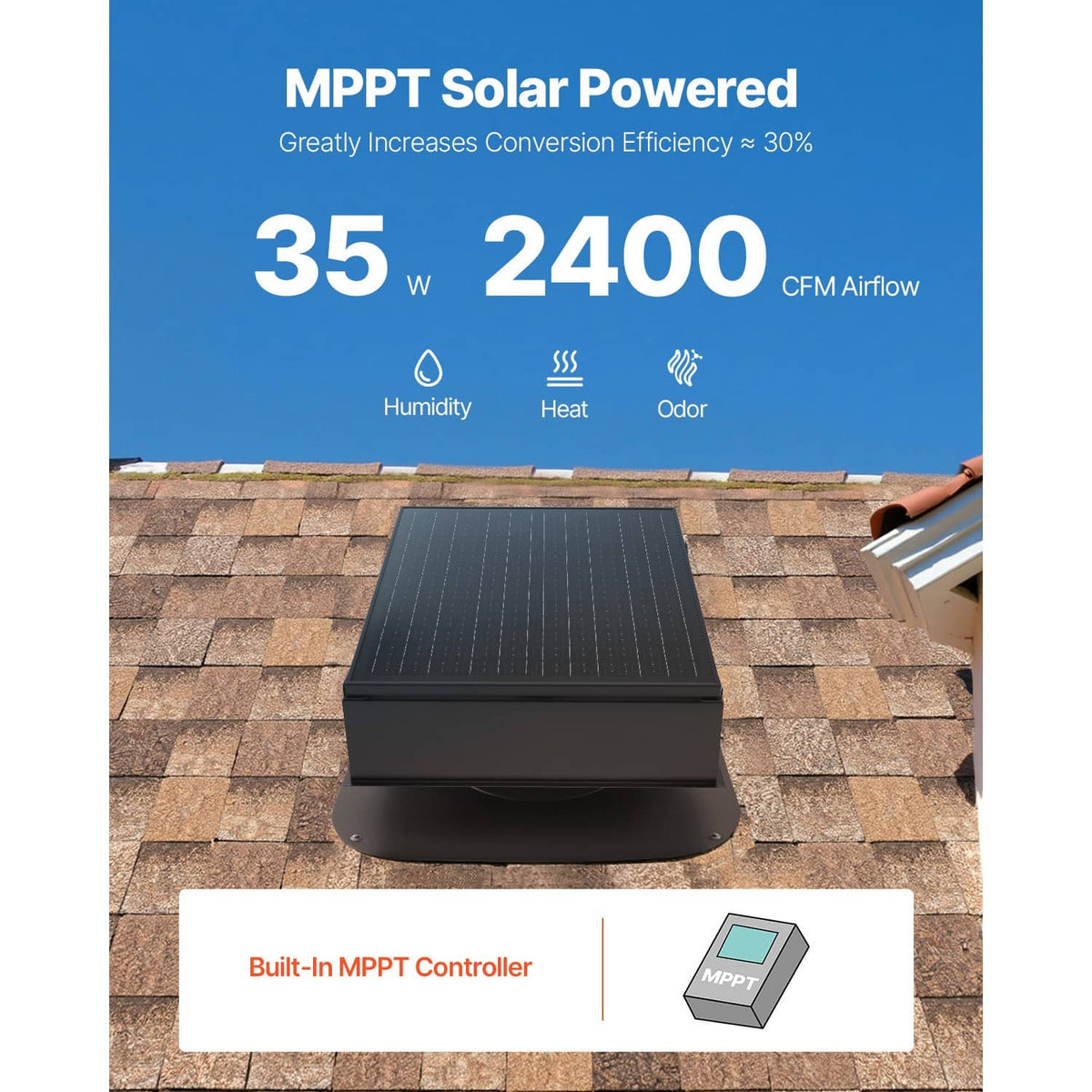 Solar roof attic exhaust fan on shingle roof with MPPT power airflow callouts