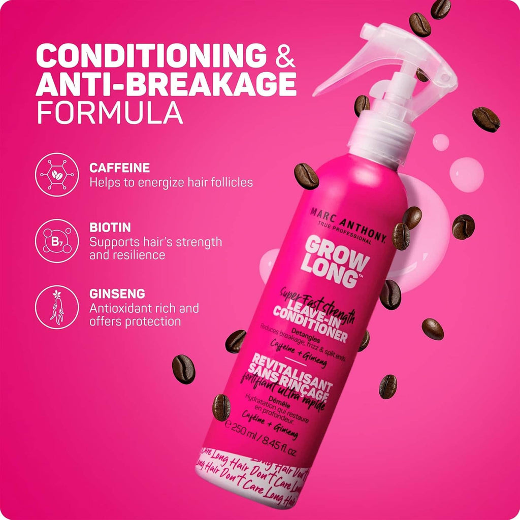 Marc Anthony Grow Long leave-in conditioner bottle with white pump and seed details
