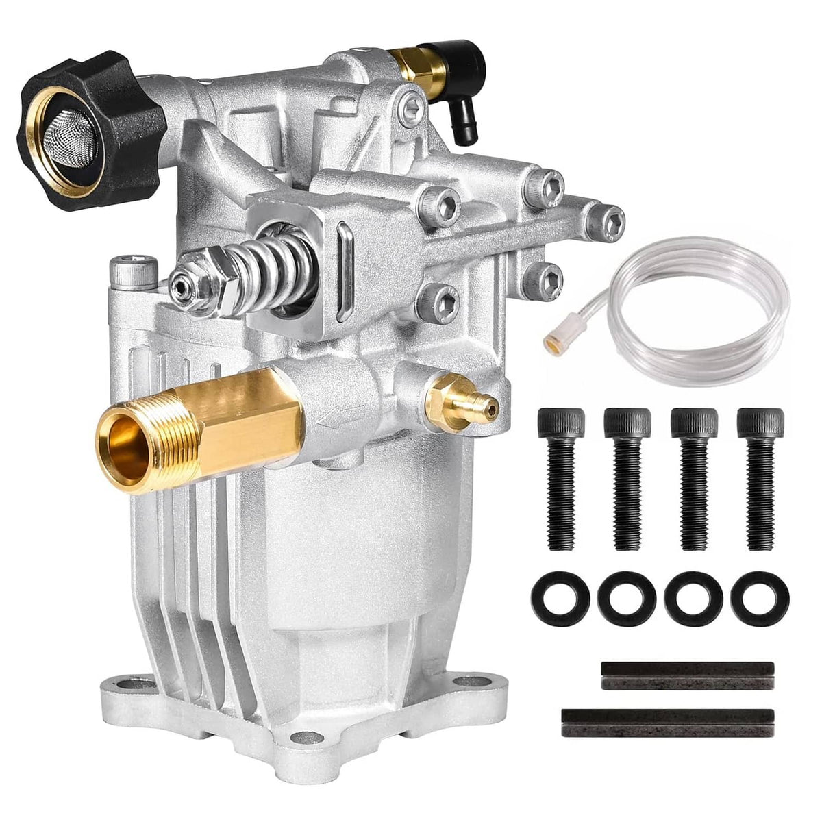 Silver pressure washer pump unit with brass fittings, hardware and gasket kit