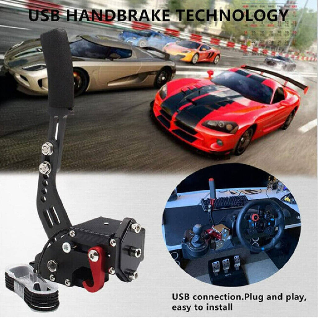 PC USB handbrake controller with black lever and base, shown with inset installation details