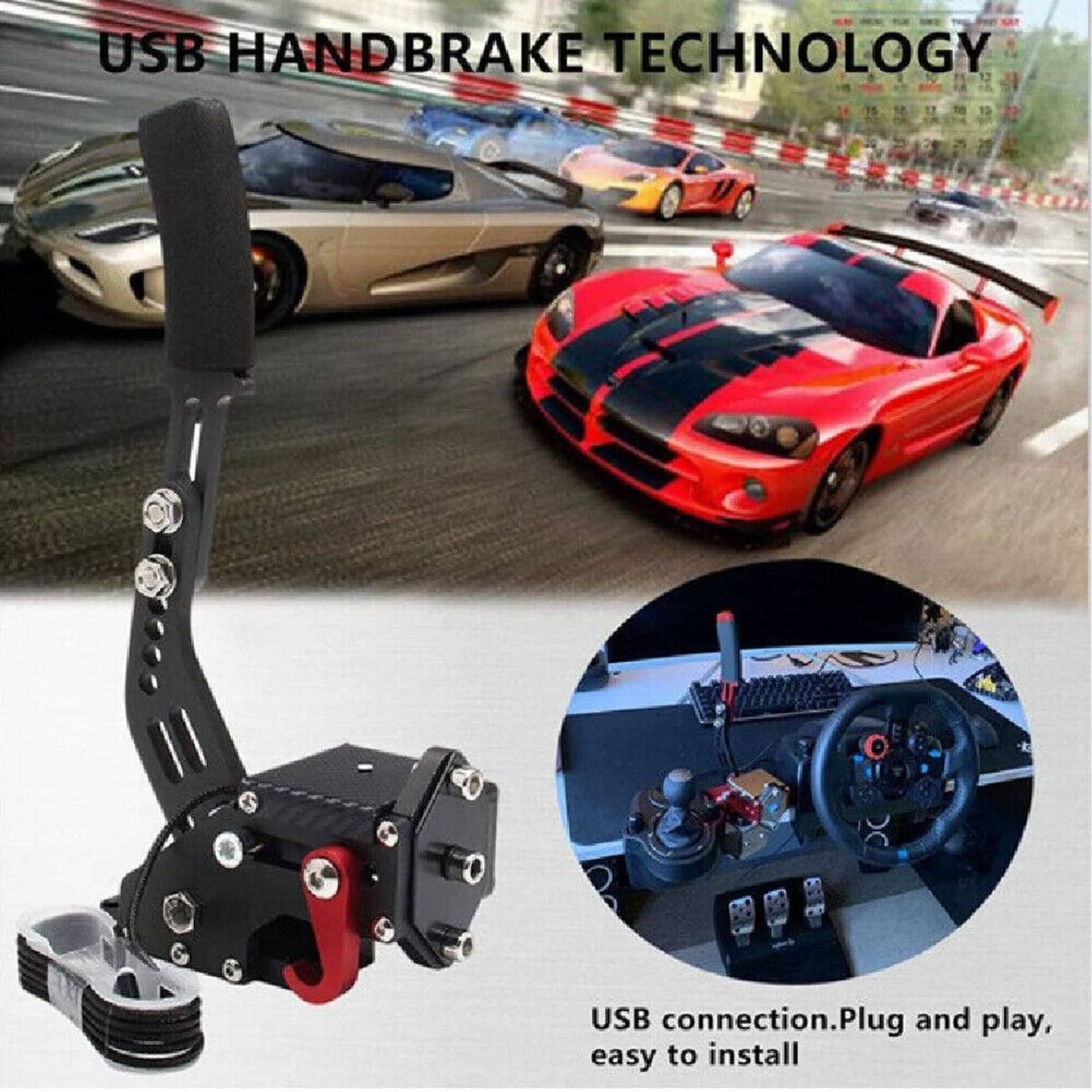 PC USB handbrake controller with black lever and base, shown with inset installation details