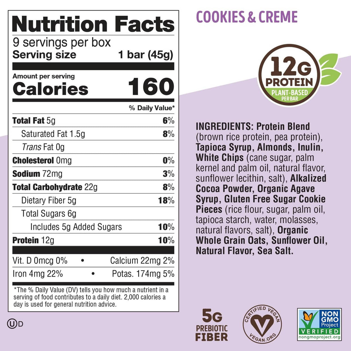 Nutrition Facts panel for cookies & cream protein bar, 9 servings per container