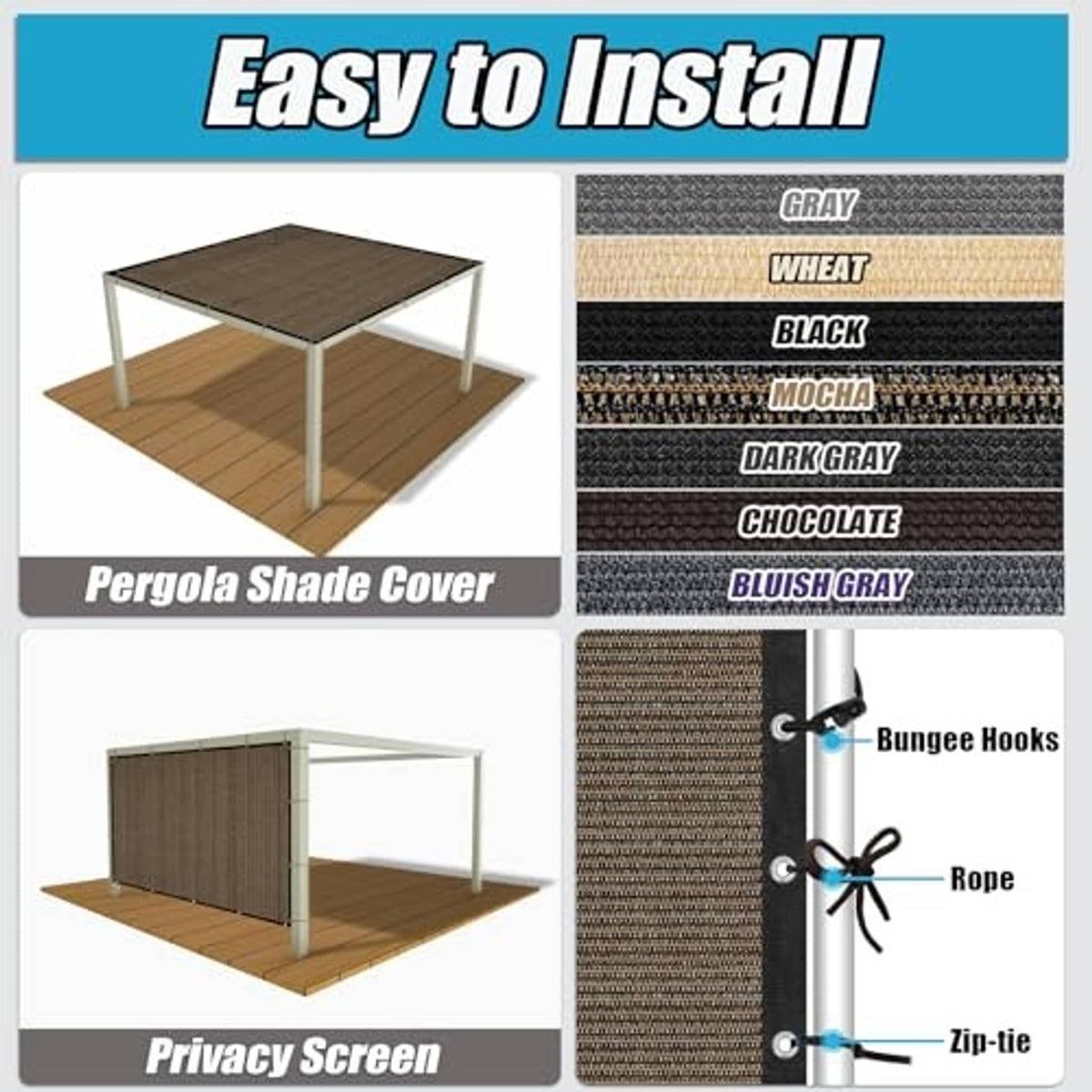 Woven pergola shade cloth with grommet edge and bungee-hook installation diagram