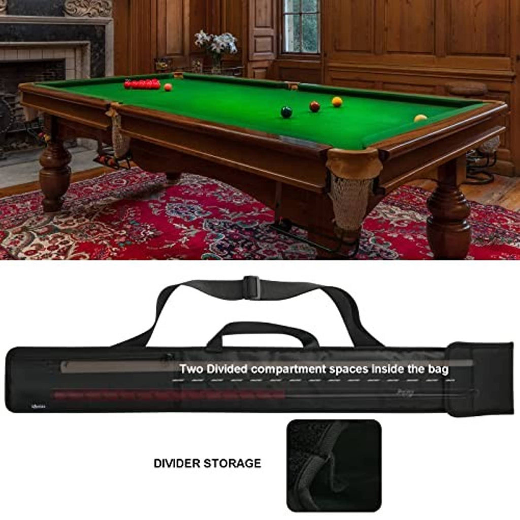Black cue case bag with two divided compartment spaces and outer carrying handle