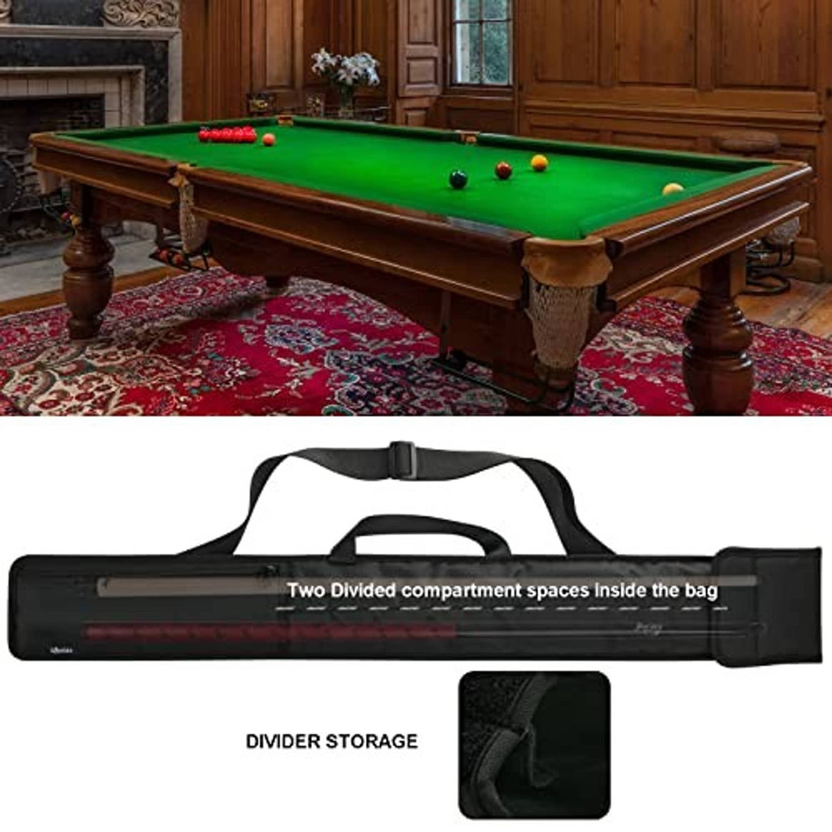 Black cue case bag with two divided compartment spaces and outer carrying handle