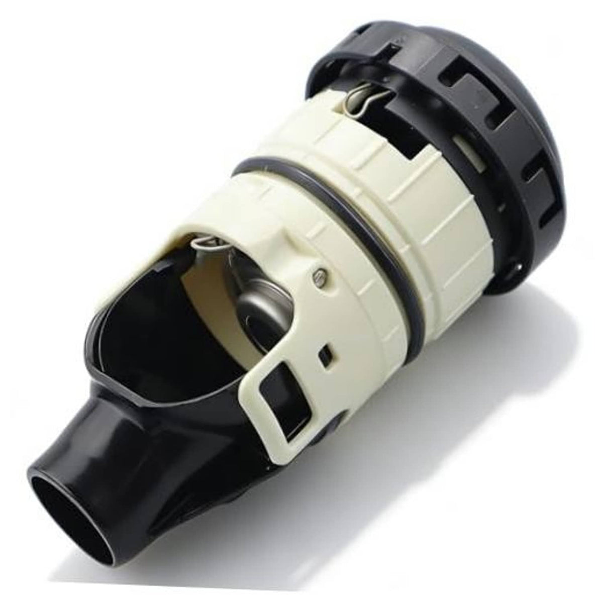 Fuel tank cap with black rim and off-white body, twist-on replacement housing