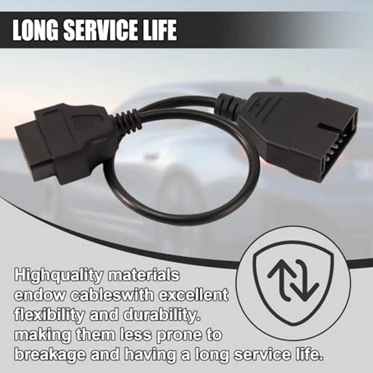 OBD adapter cable with durable black ends and flexible cord loop