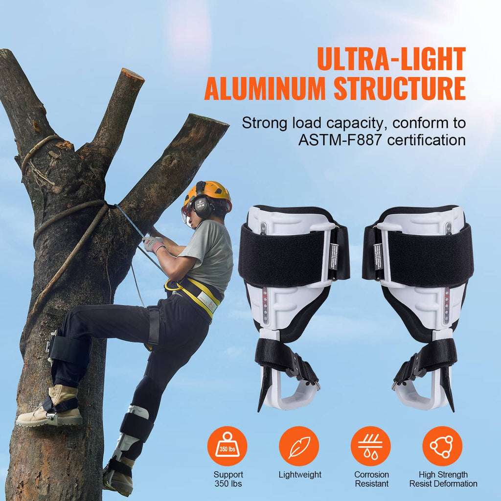 Tree climbing spurs leg straps with black foam pads and metal spikes, two-piece set