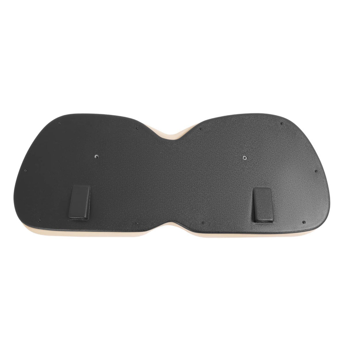 Black seat back cushion underside with two mounting tabs