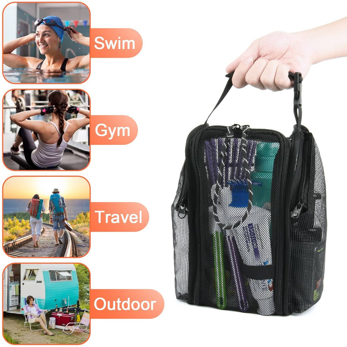 Black mesh tote-style shower caddy organizer with carry handle and side zippers