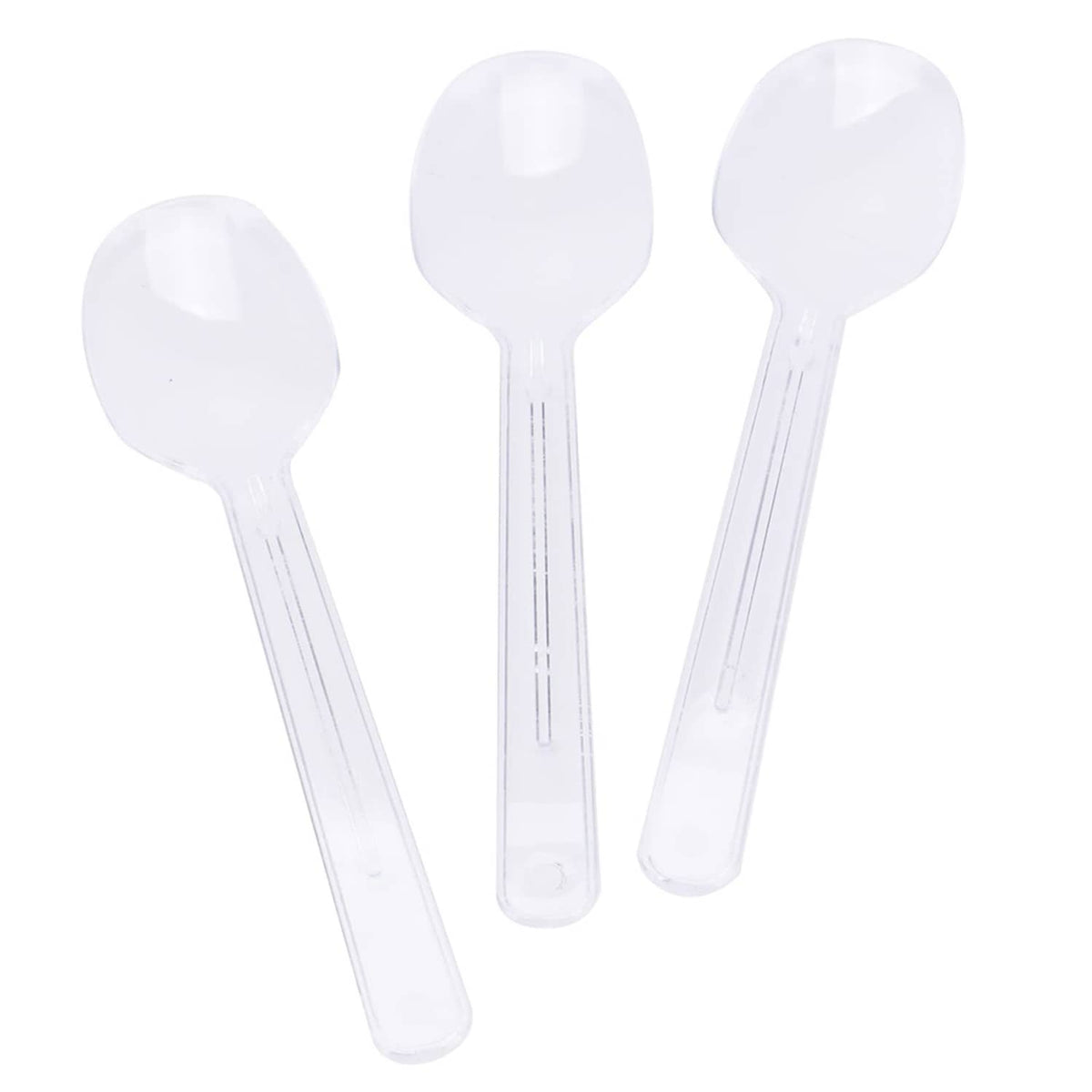 Clear plastic spoons with wide scoop ends for square dessert cups