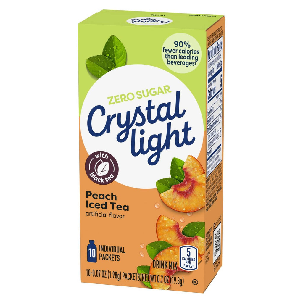 Peach iced tea drink mix carton, zero sugar, 10 individual packets, 5 calories