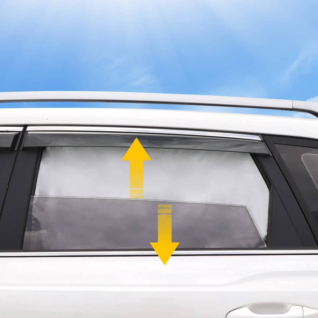 Black car window shade panel installed in door frame opening