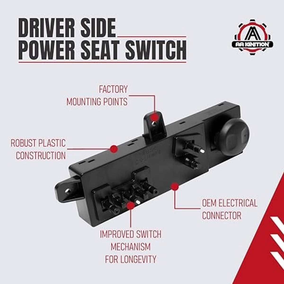 Driver-side power seat switch module with connector and mounting point callouts