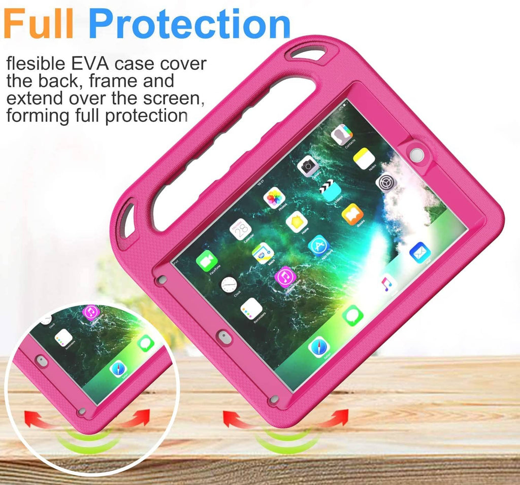 Pink kids iPad case with full protective wrap covering the tablet and screen