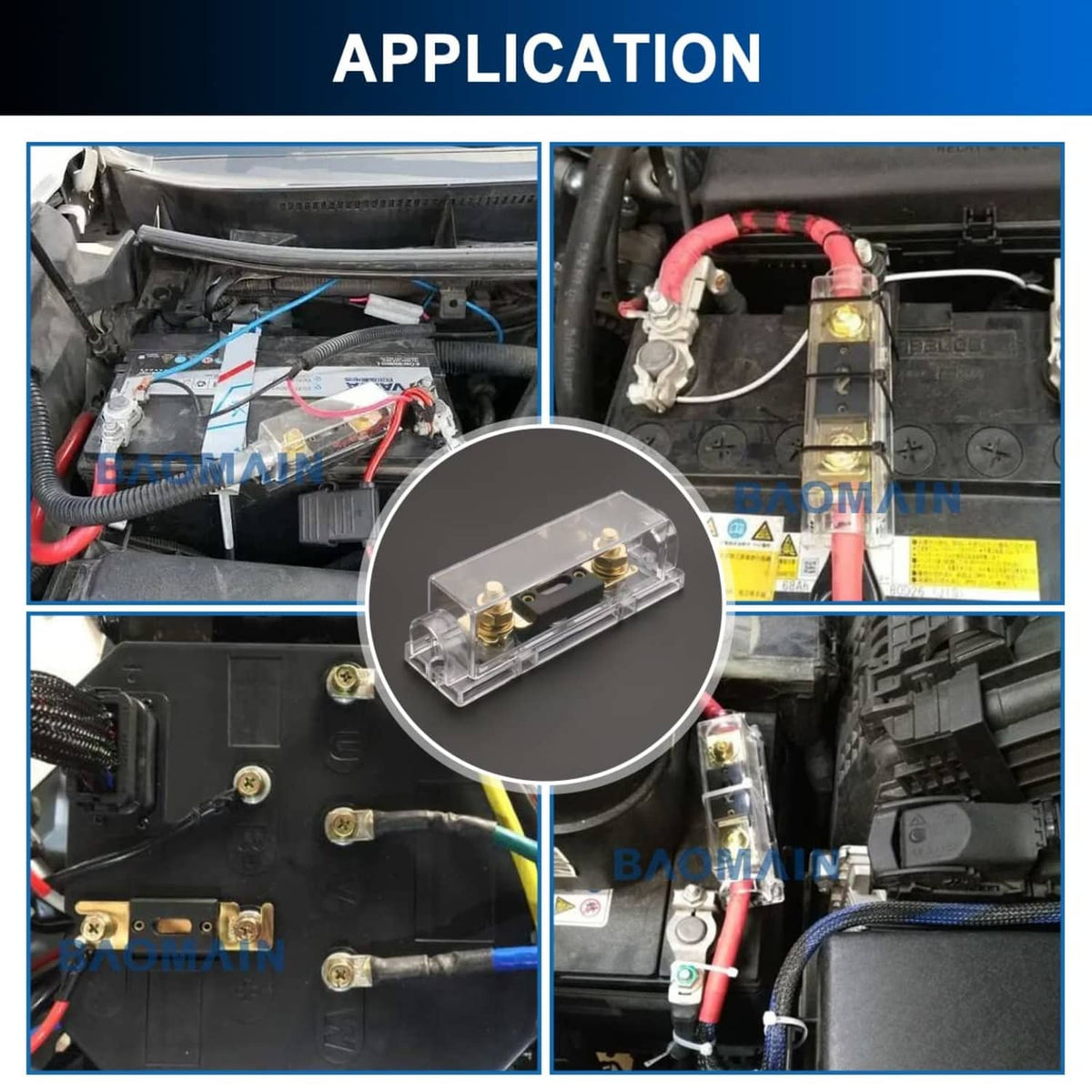 Transparent inline ANL fuse holder in vehicle wiring, showing gold terminal block