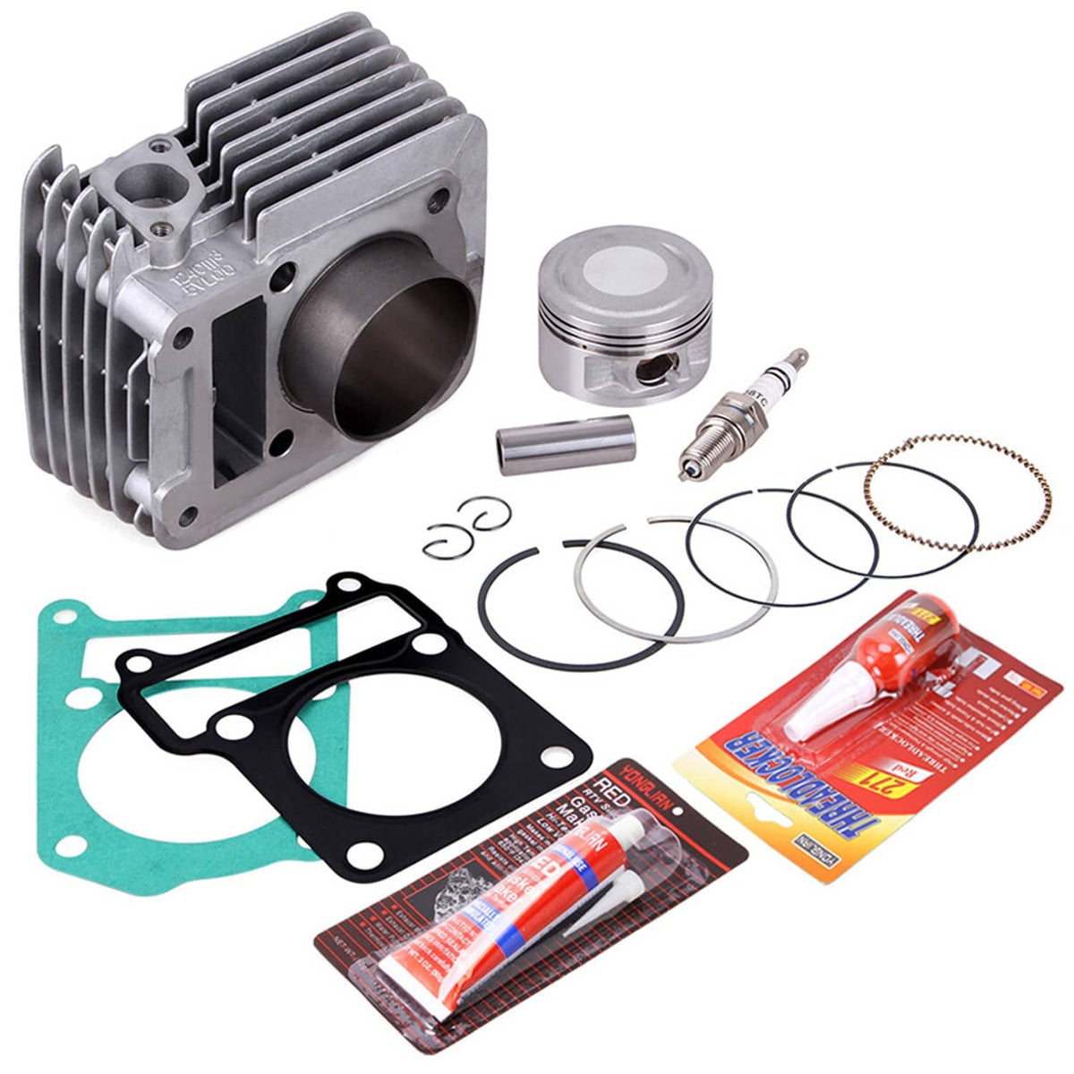 Cylinder top end rebuild kit with piston, rings, base gasket, and included installation parts