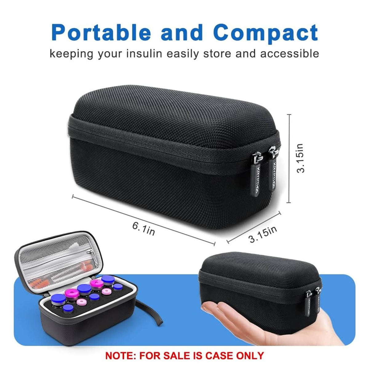 Compact black insulin vial case with textured exterior and zipper closure