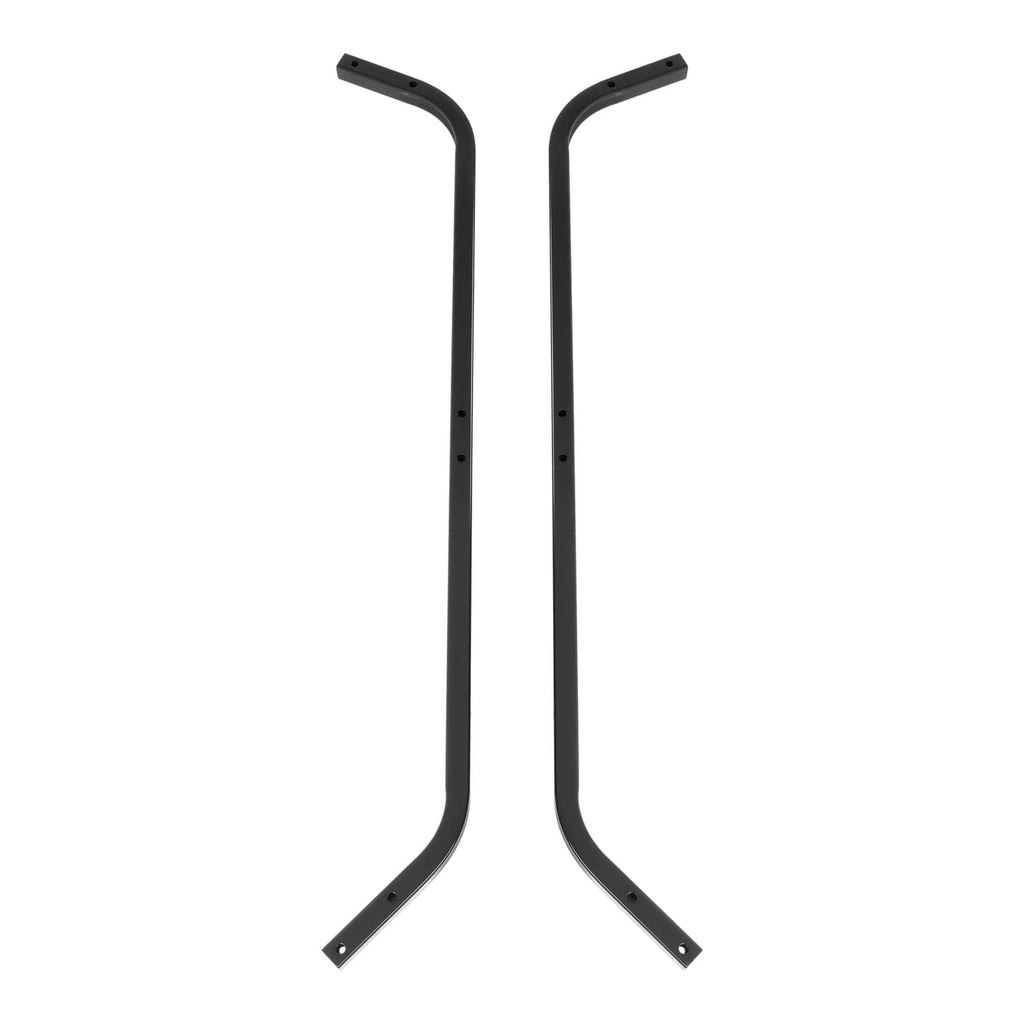 Black steel front roof support struts, pair of tall vertical bars with curled ends