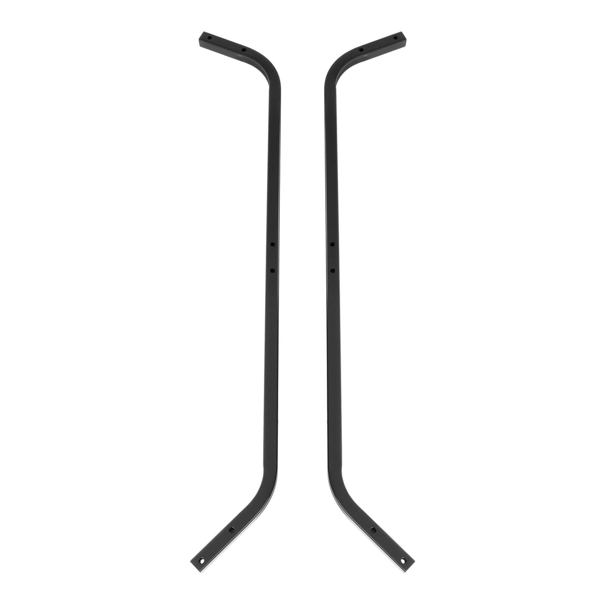 Black steel front roof support struts, pair of tall vertical bars with curled ends