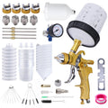 Gold HVLP spray gun with white cup, pressure gauge, needle set, disposable liners