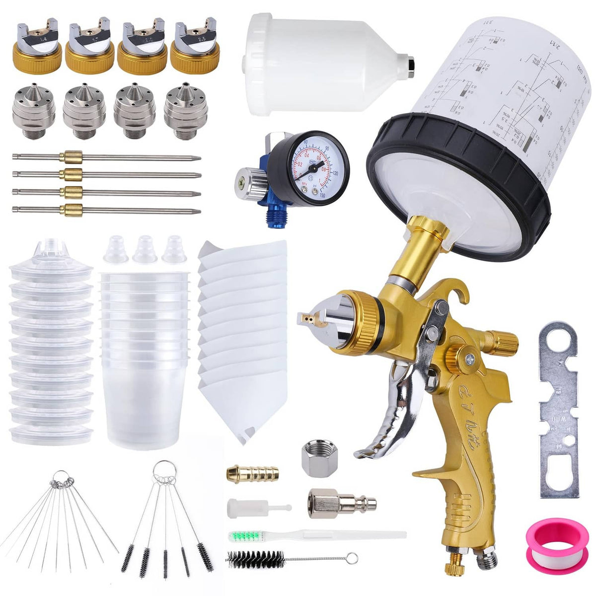 Gold HVLP spray gun with white cup, pressure gauge, needle set, disposable liners