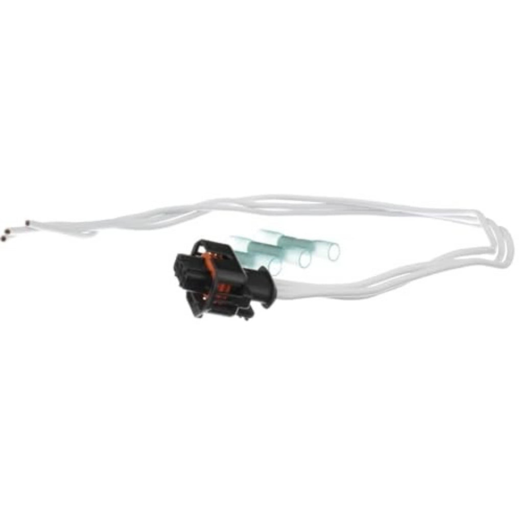 Cam sensor wiring harness pigtail with black connector and teal coupler on white leads