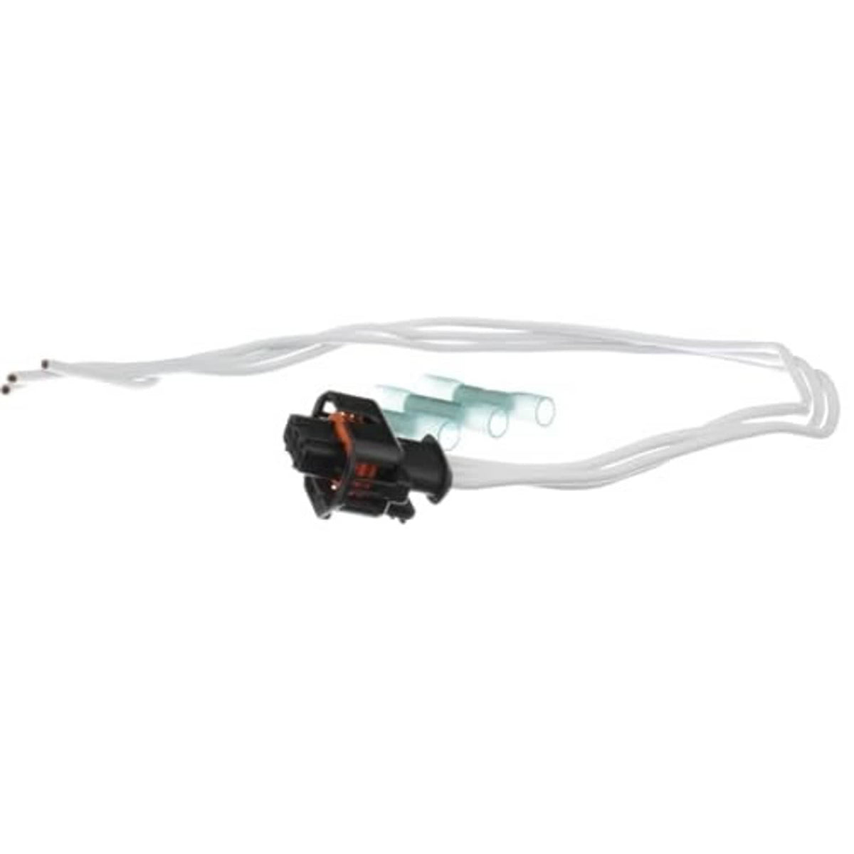 Cam sensor wiring harness pigtail with black connector and teal coupler on white leads