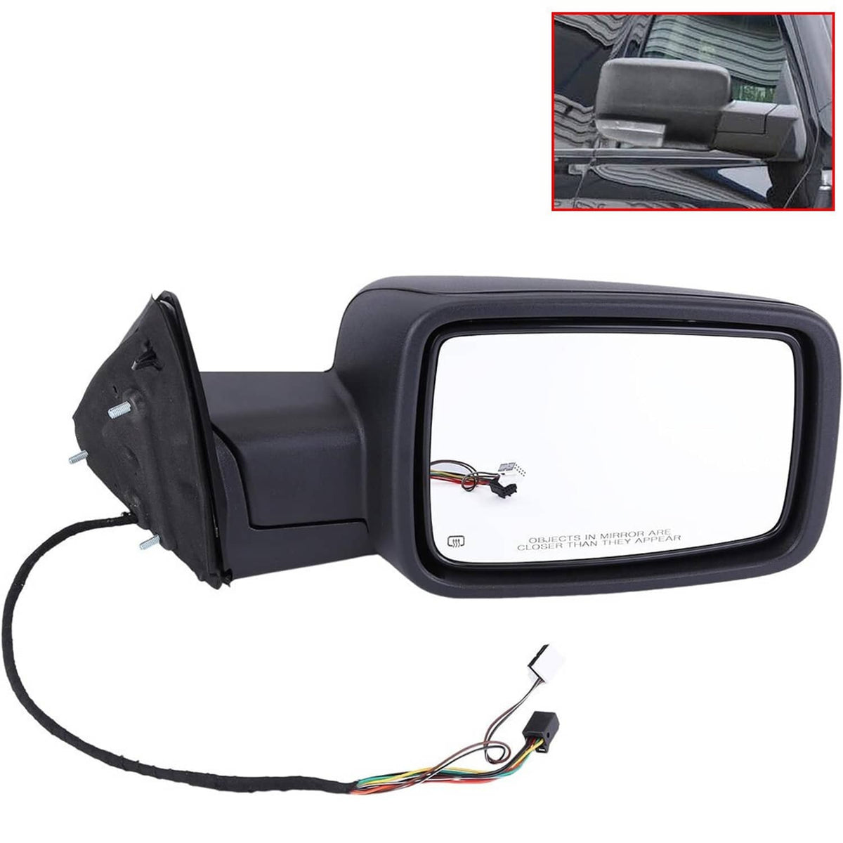 Black right side mirror housing with attached wiring harness and clear glass, angled view