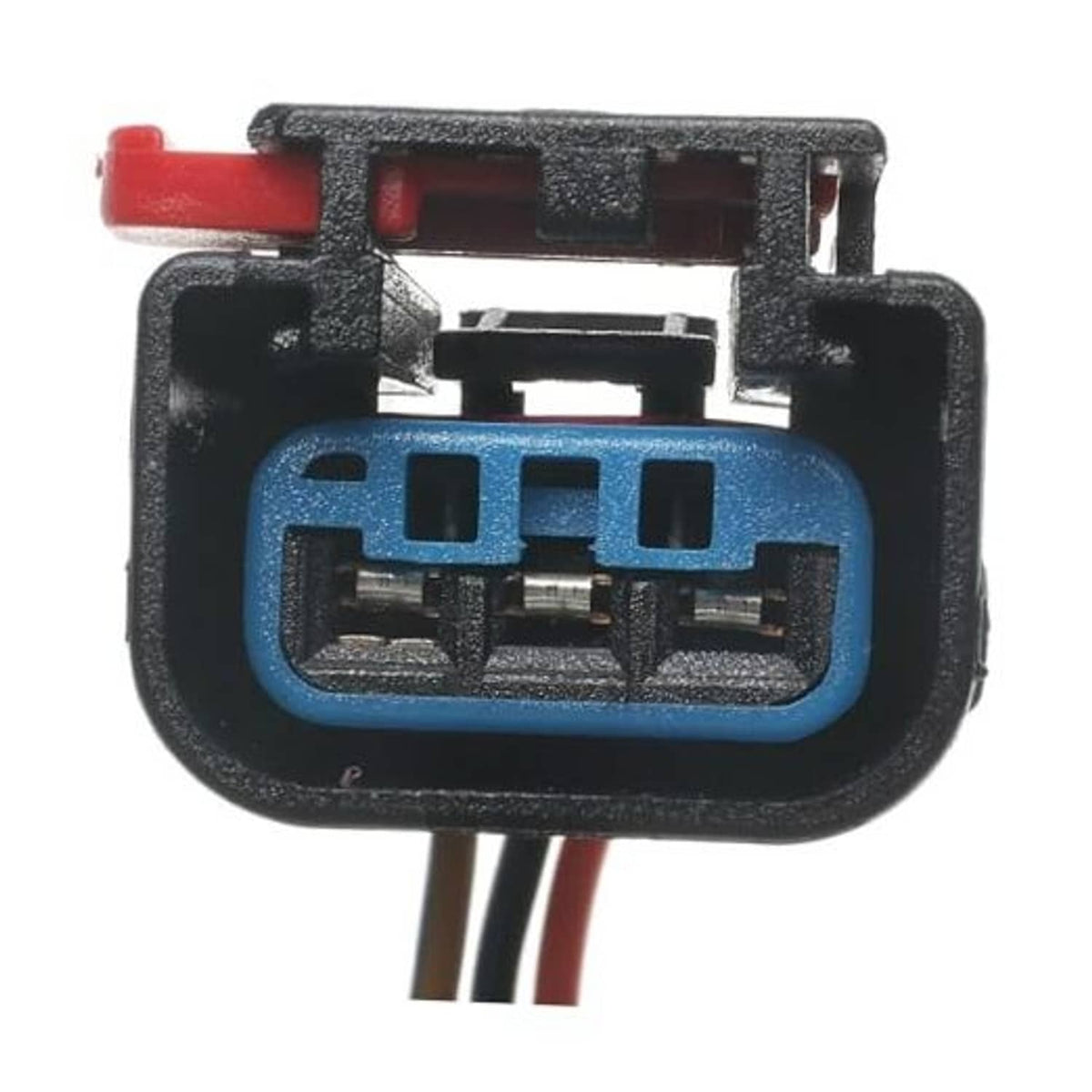 Engine wiring harness pigtail connector with blue terminal insert and red latch